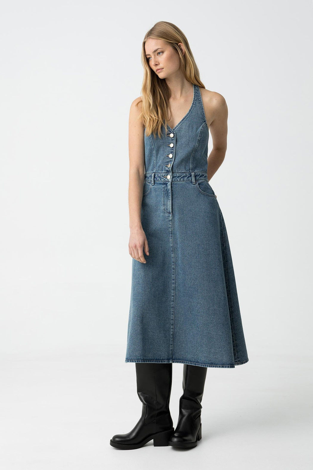 Brelle halter denim dress