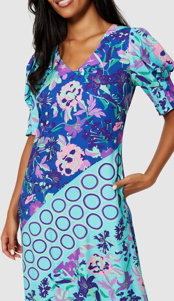 D10290 aqua blue floral aline midi