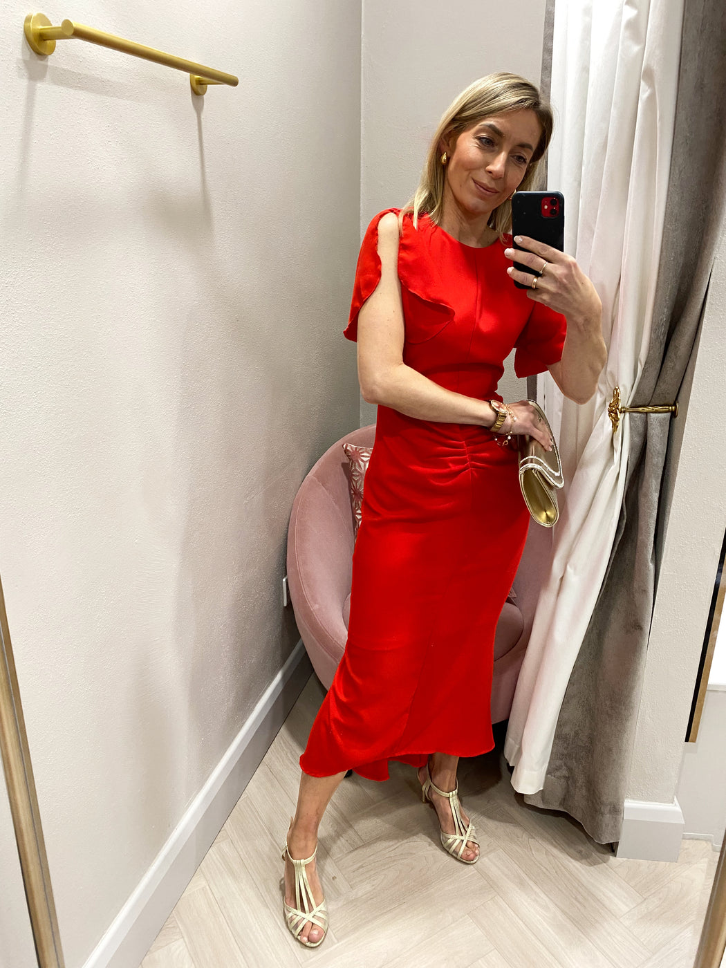 Cleo Red Ruched Detail Midi Dress