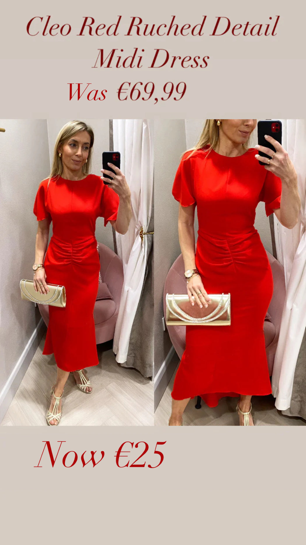 Cleo Red Ruched Detail Midi Dress