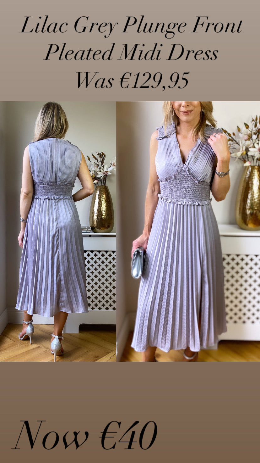 Lilac Grey Plunge Front Pleated Midi Dress