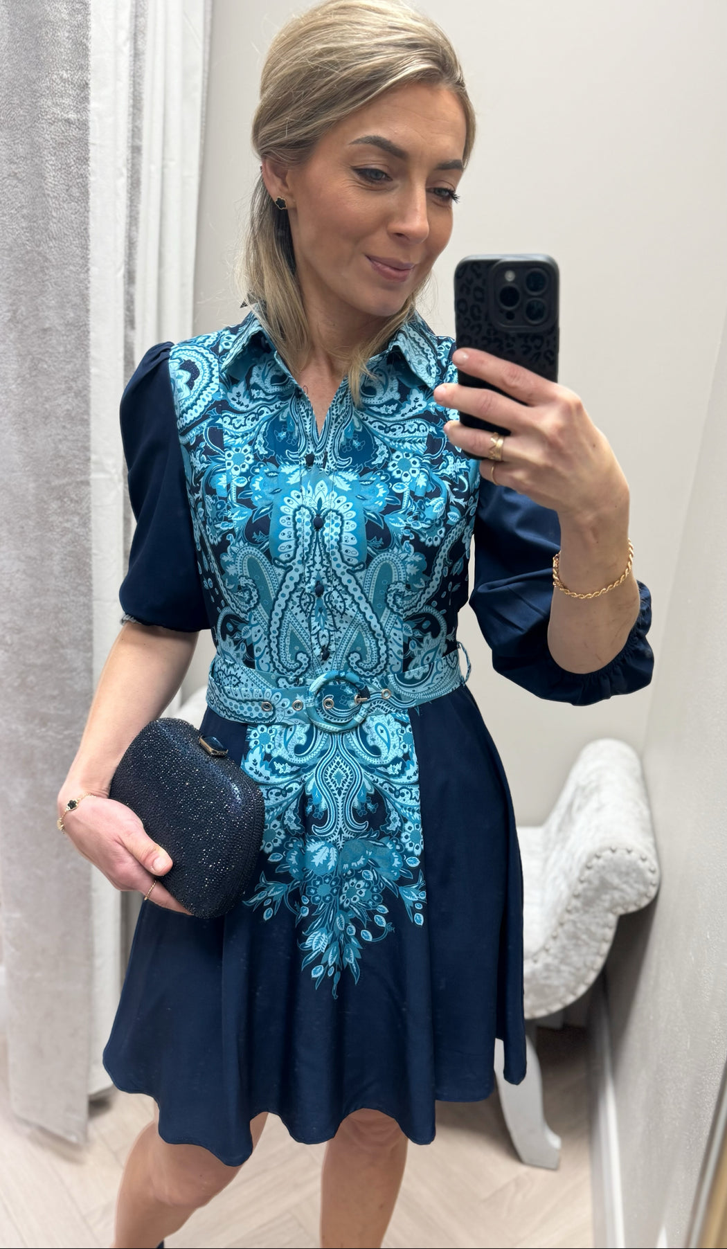 Holland Paisley Print Collar Mini Dress Navy