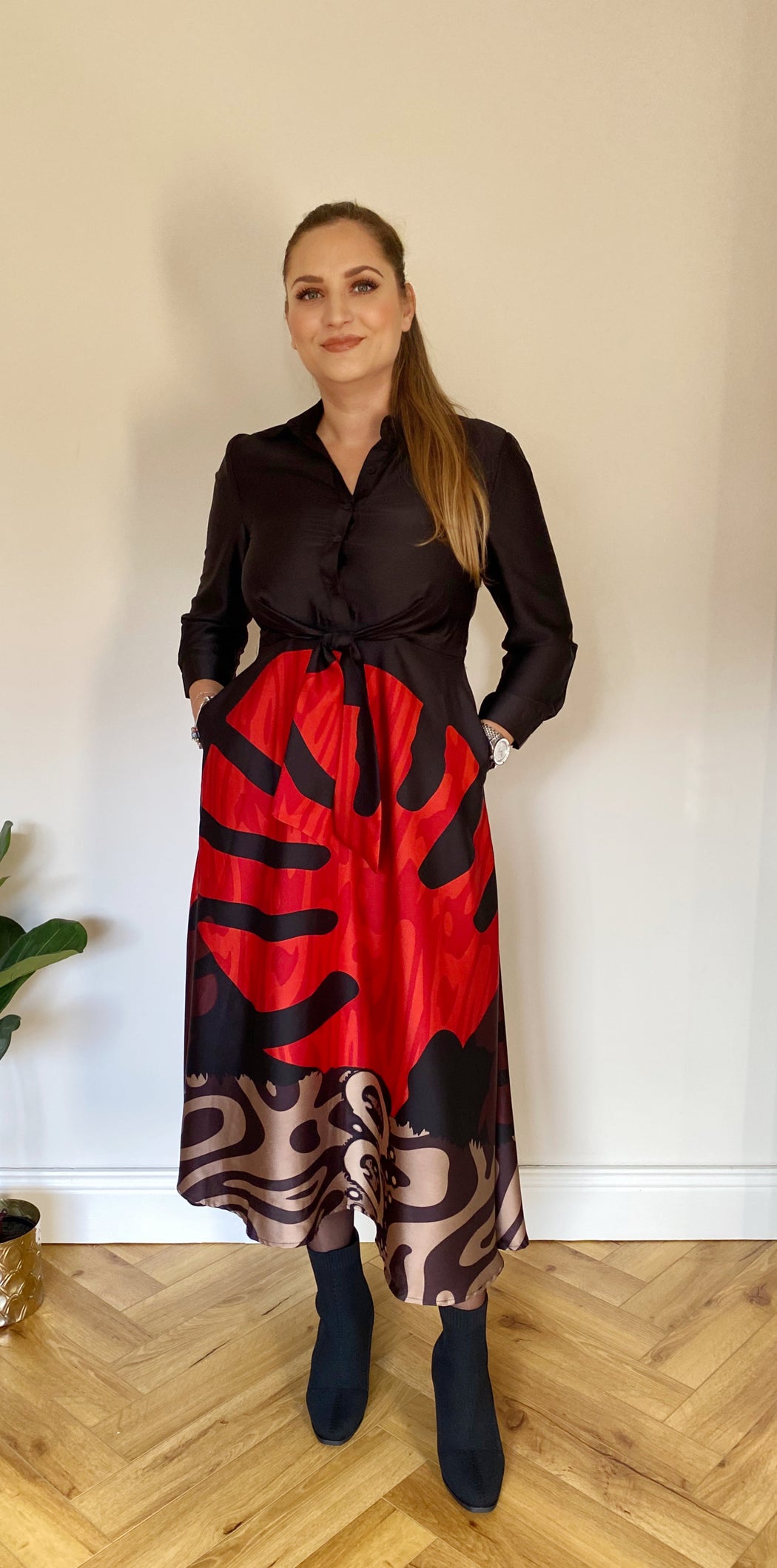 Isabella Red Leaf Tie Front Shirt Dress
