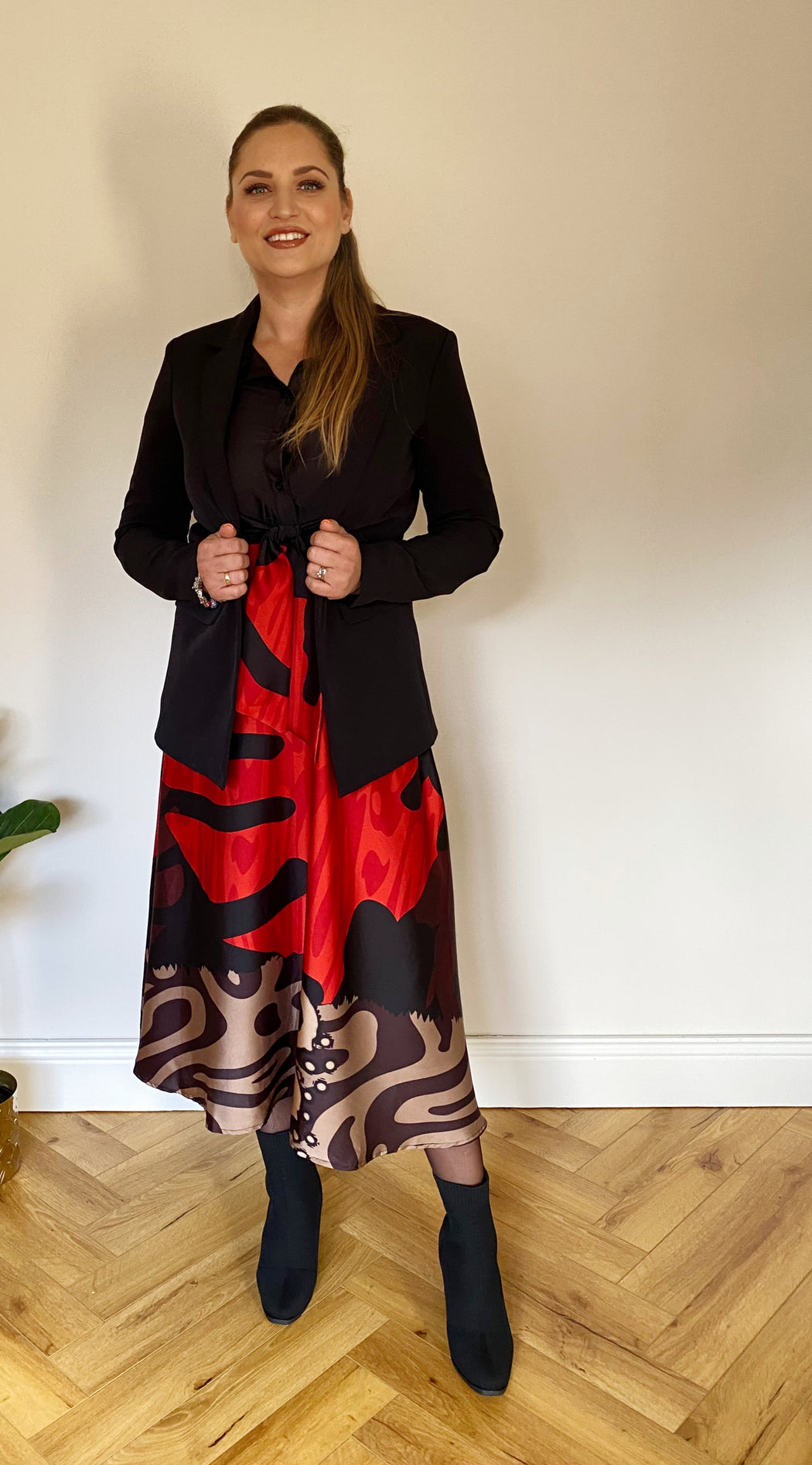 Isabella Red Leaf Tie Front Shirt Dress
