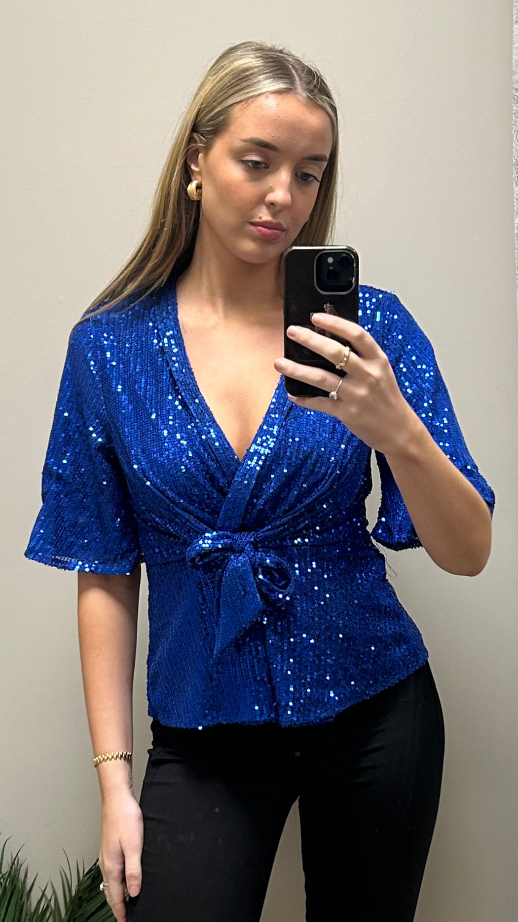 Brooke Cobalt Sequin Wrap Detail Top