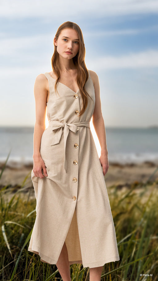 Shara beige gold button detail dress