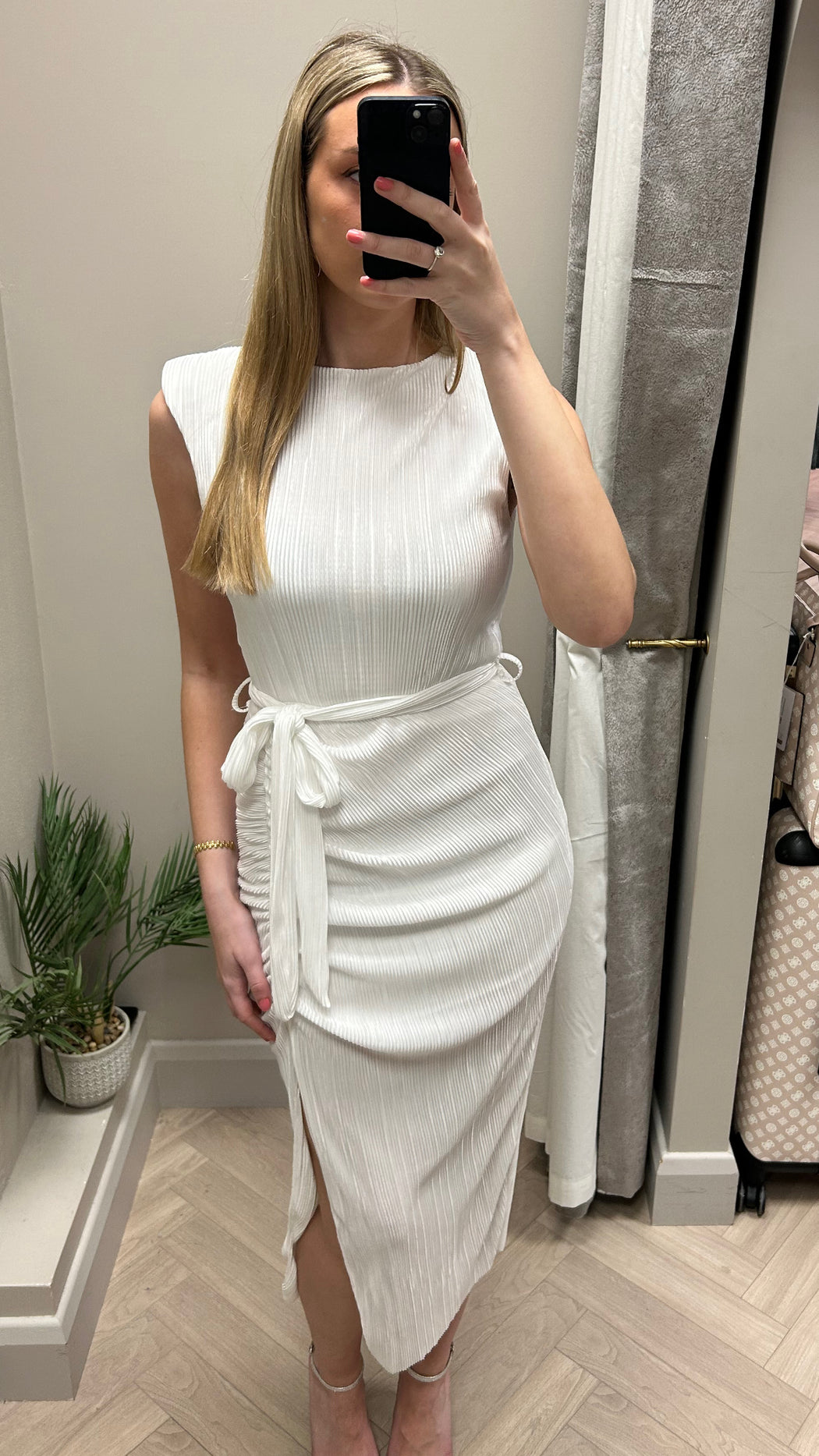 Elena white Ruched Seamed Midi Dress Baby
