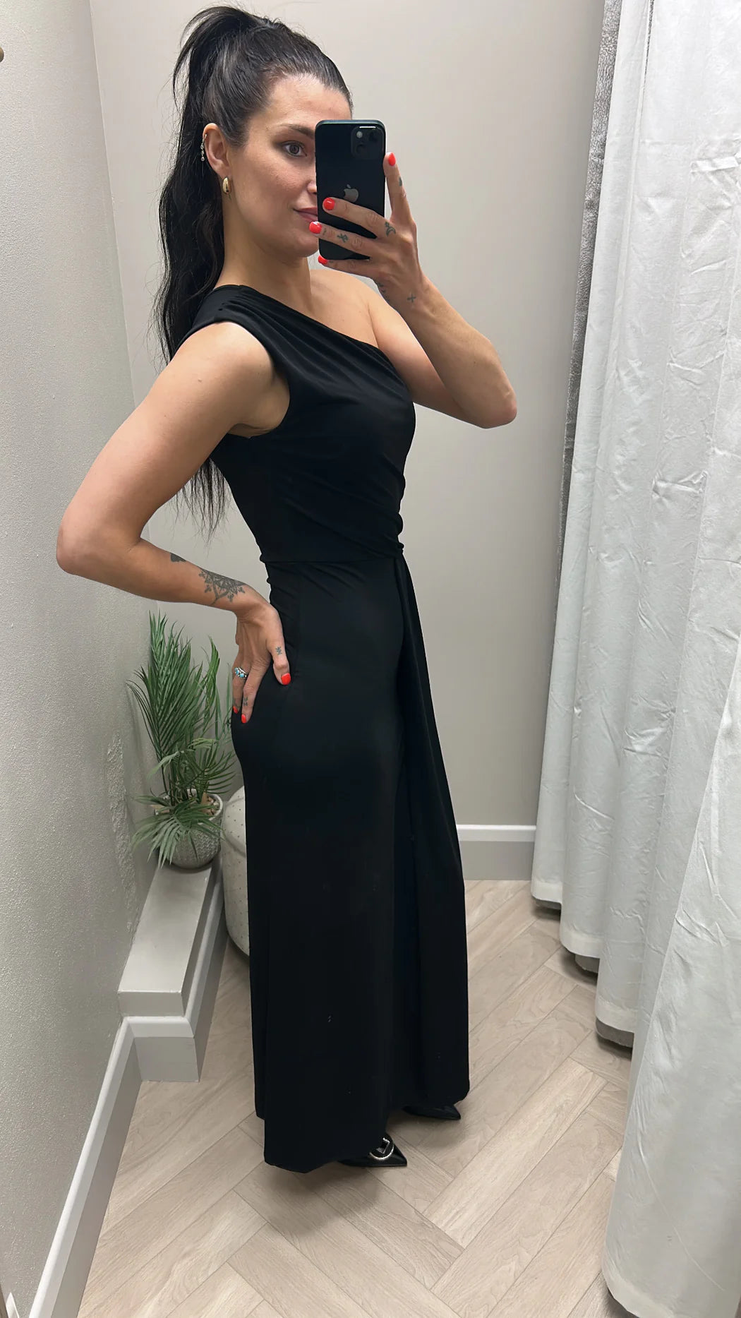 Emma black one shoulder midi dress