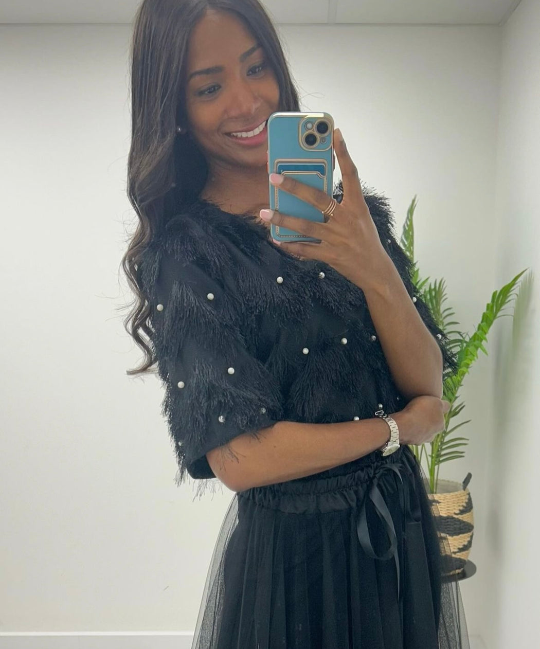 Pearl v neck black top