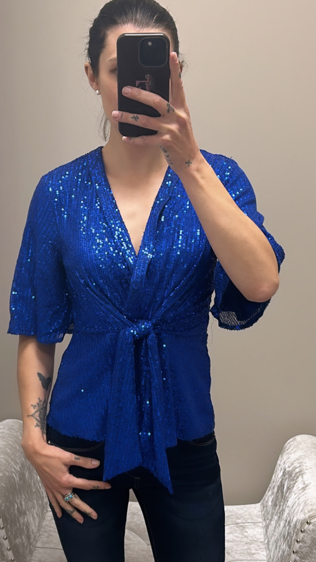 Brooke Cobalt Sequin Wrap Detail Top