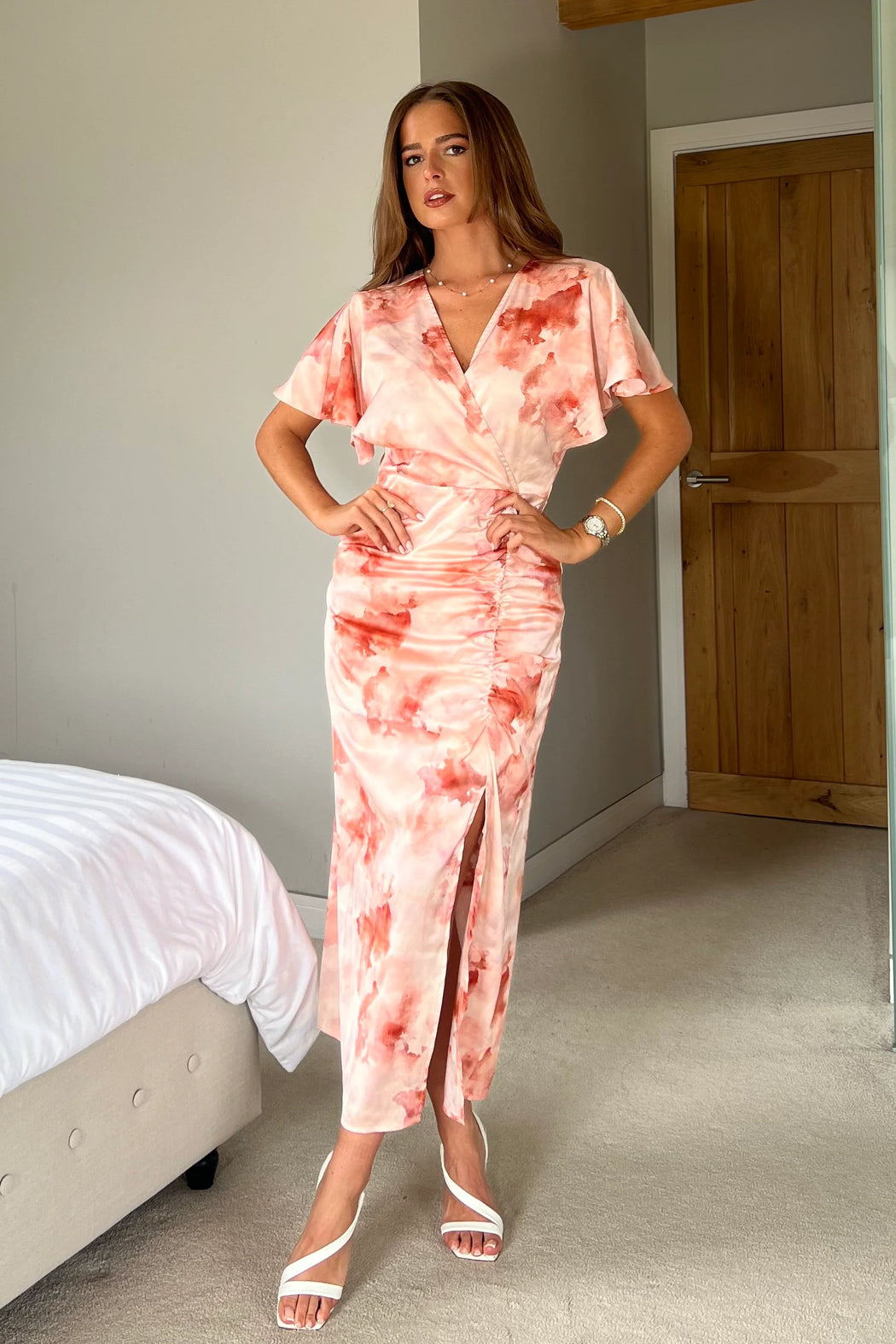 Priscilla Wrap Over Ruched Detail Midi Dress Pink Marble