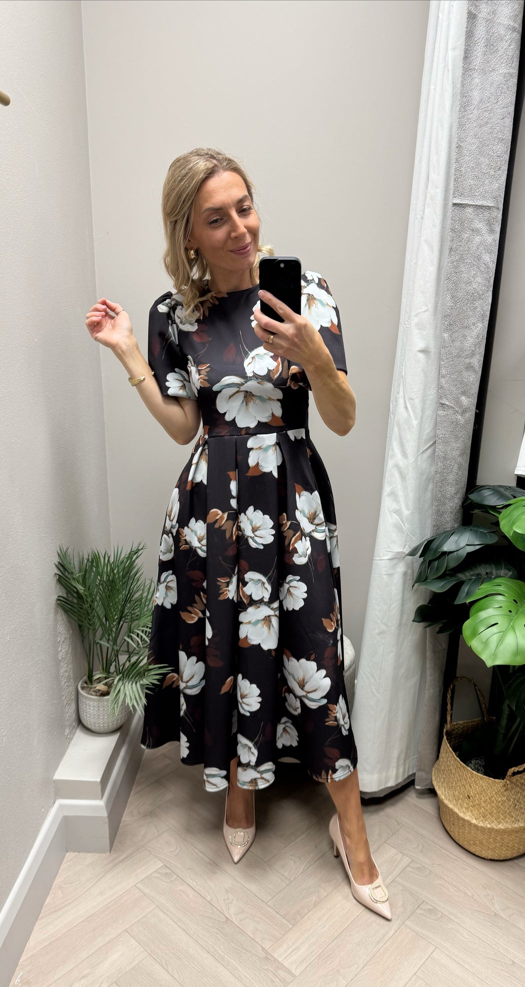 Elowin Statement Sleeve Skater Midi Dress Brown Floral