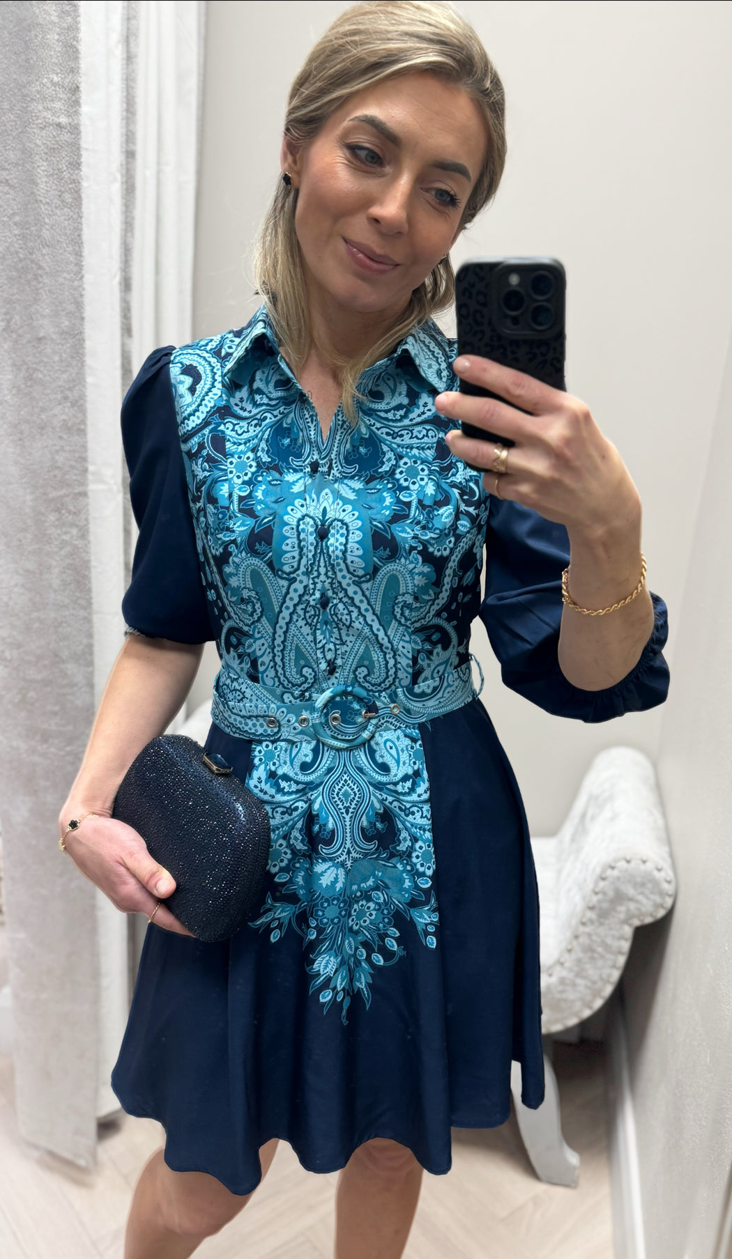 Holland Paisley Print Collar Mini Dress Navy