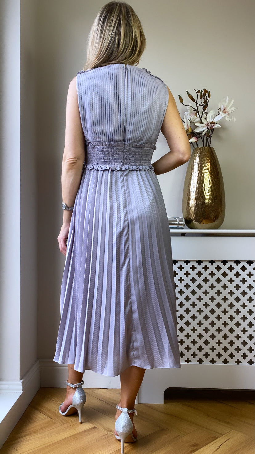 Lilac Grey Plunge Front Pleated Midi Dress