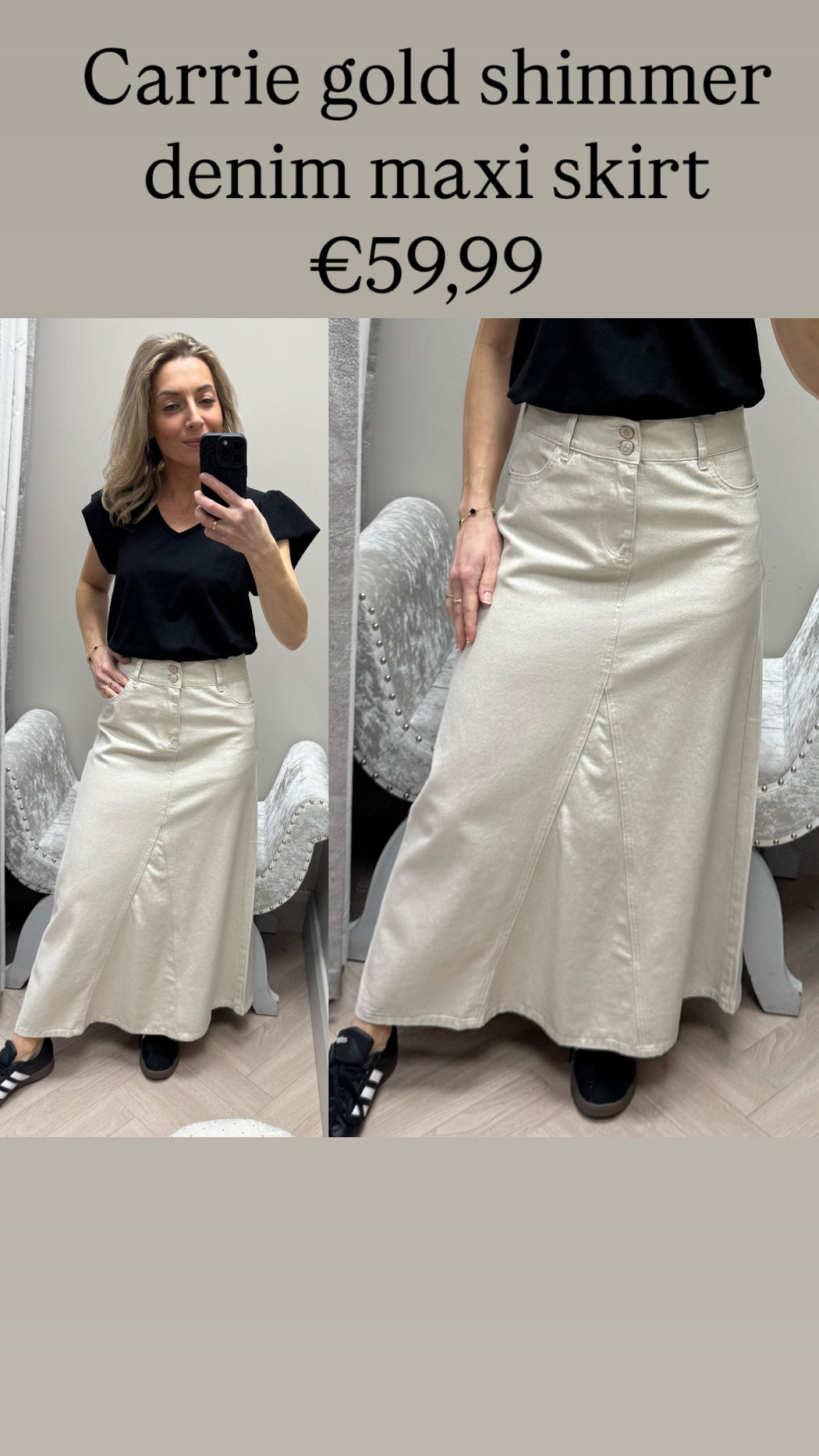Carrie gold shimmer denim maxi skirt