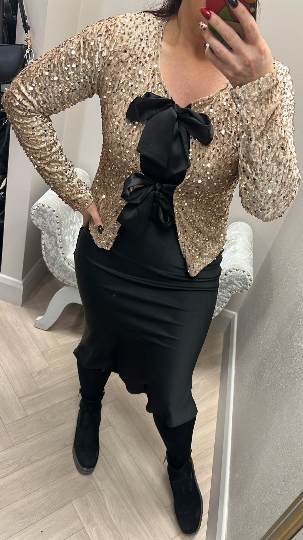 Zora black satin midi skirt