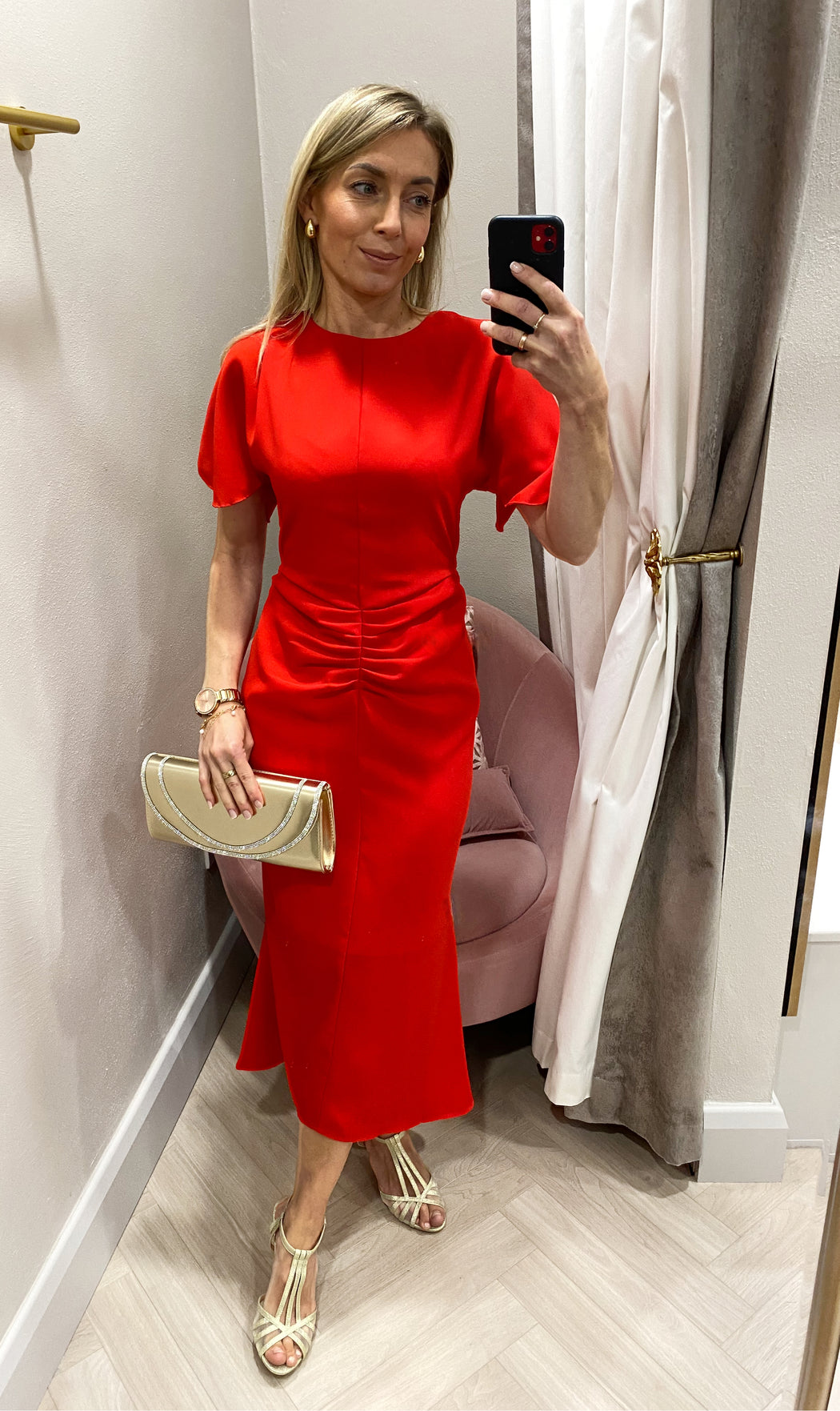Cleo Red Ruched Detail Midi Dress