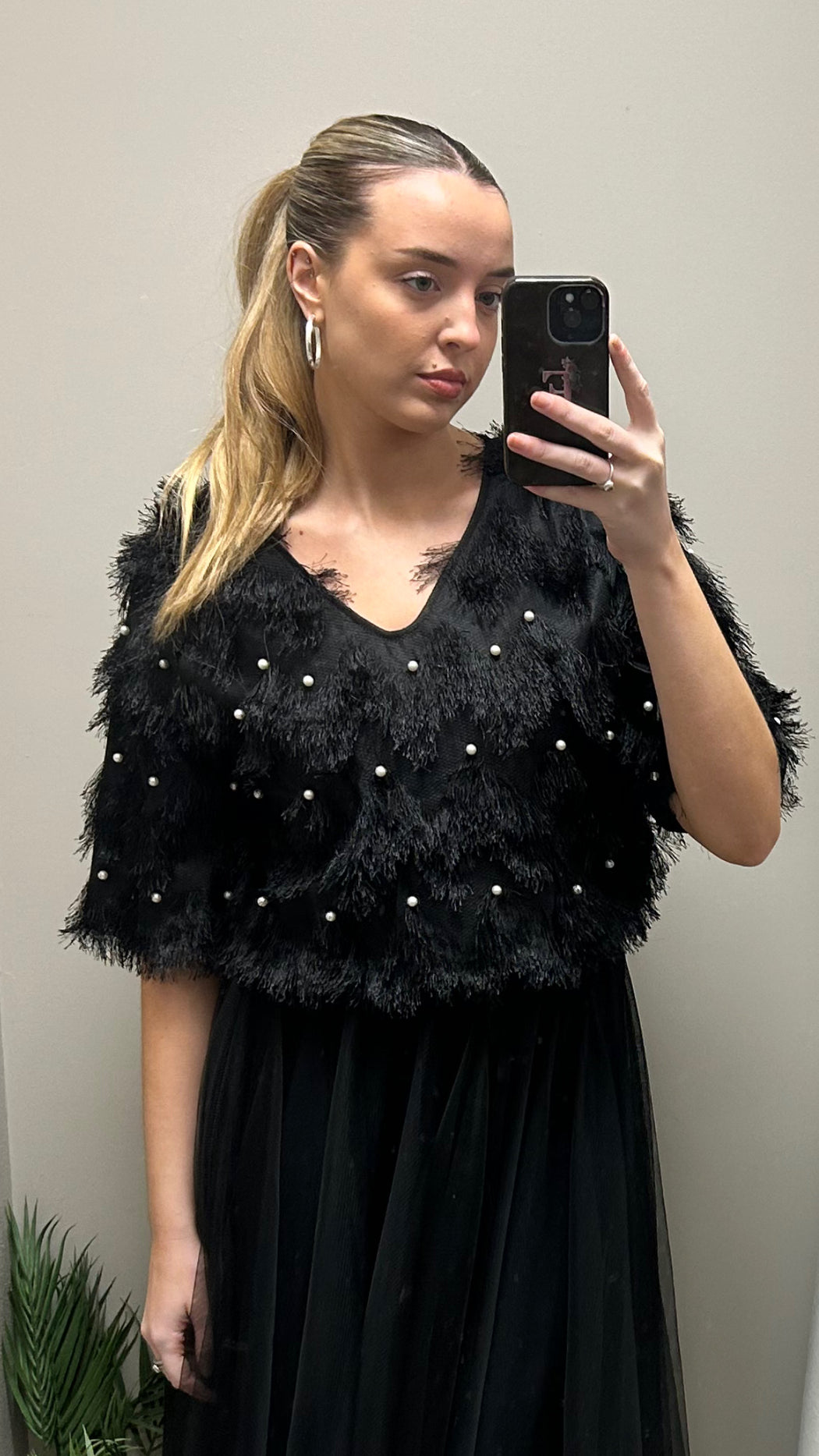 Pearl v neck black top