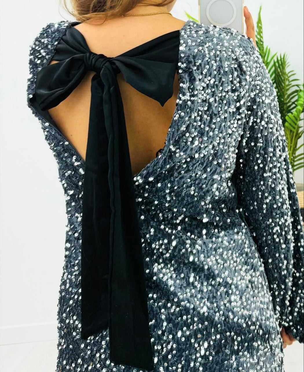 Silver sequin bow back dress