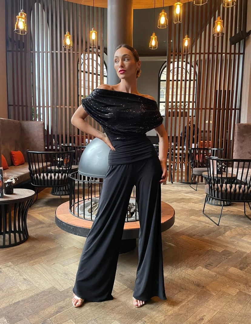Black sparkle Atom label carbon jersey jumpsuit