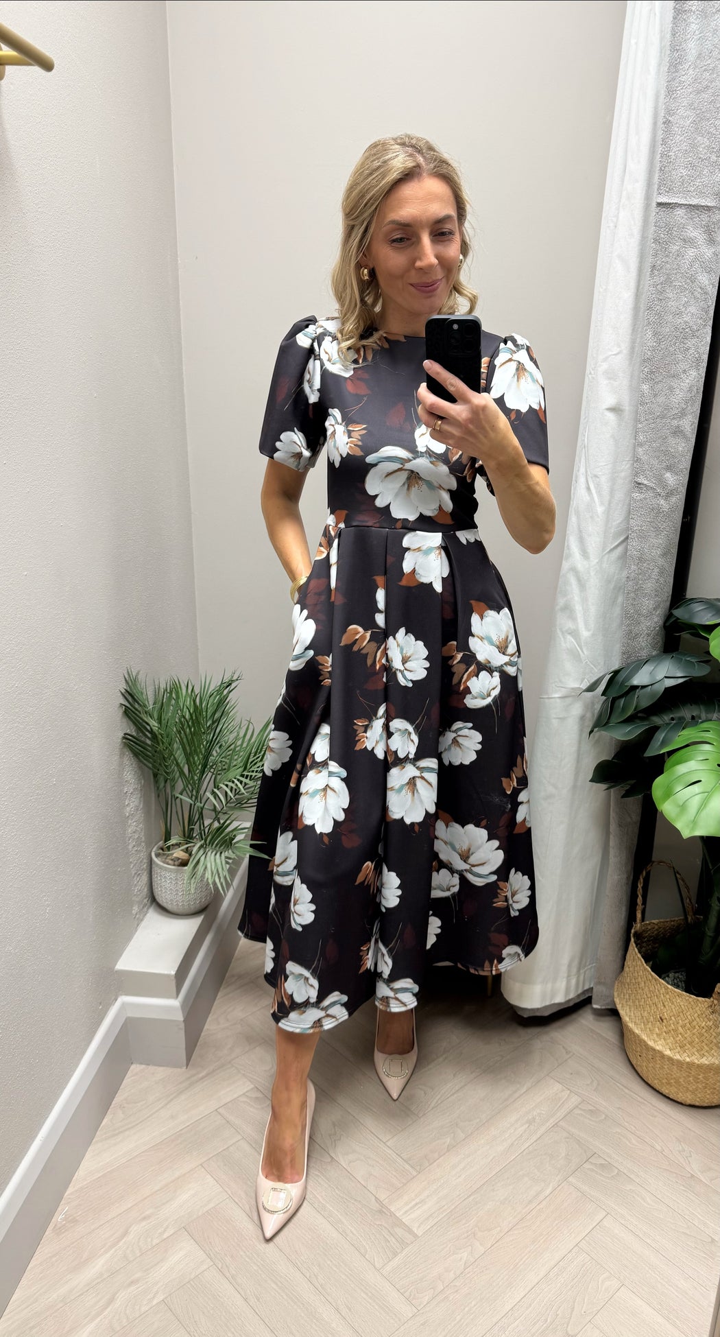 Elowin Statement Sleeve Skater Midi Dress Brown Floral