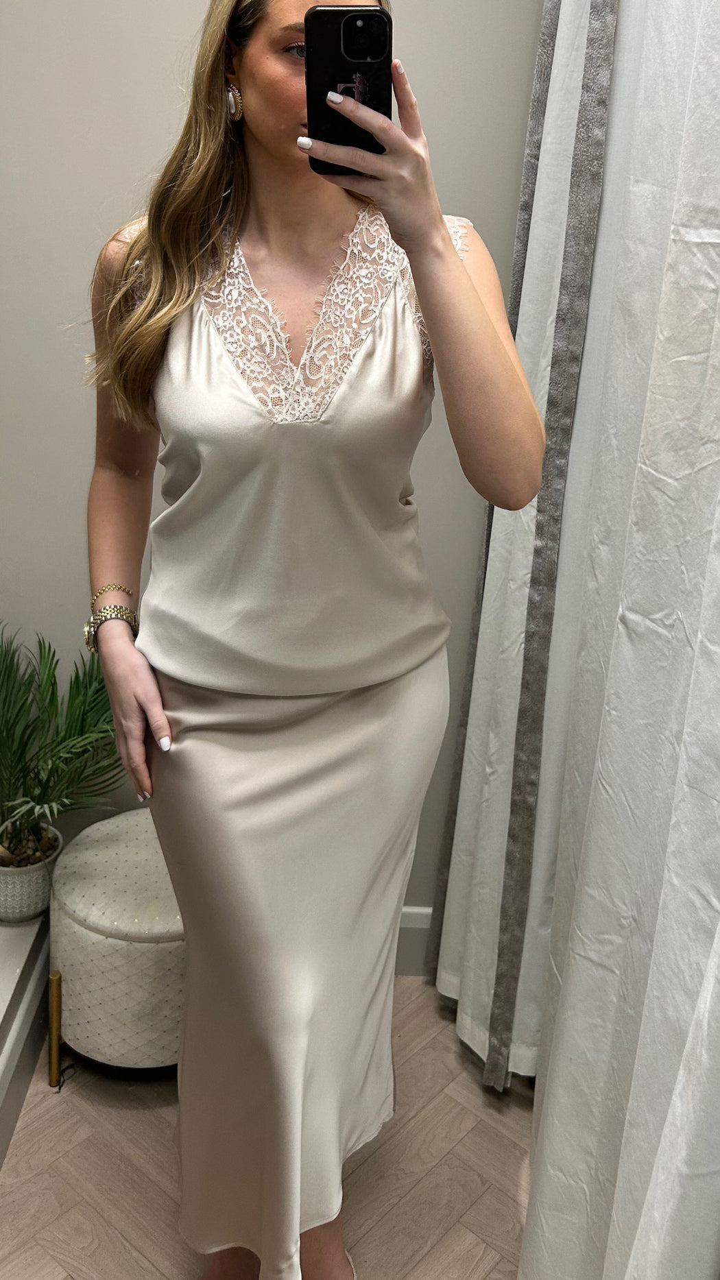 Champagne  satin Kansas midi skirt