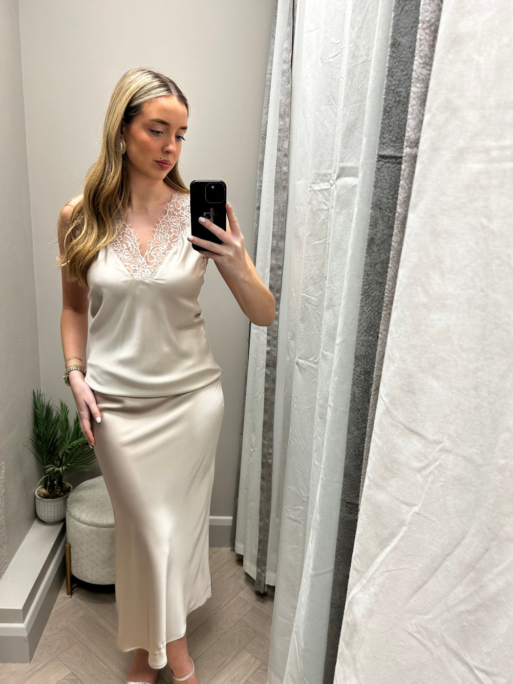 Champagne  satin Kansas midi skirt