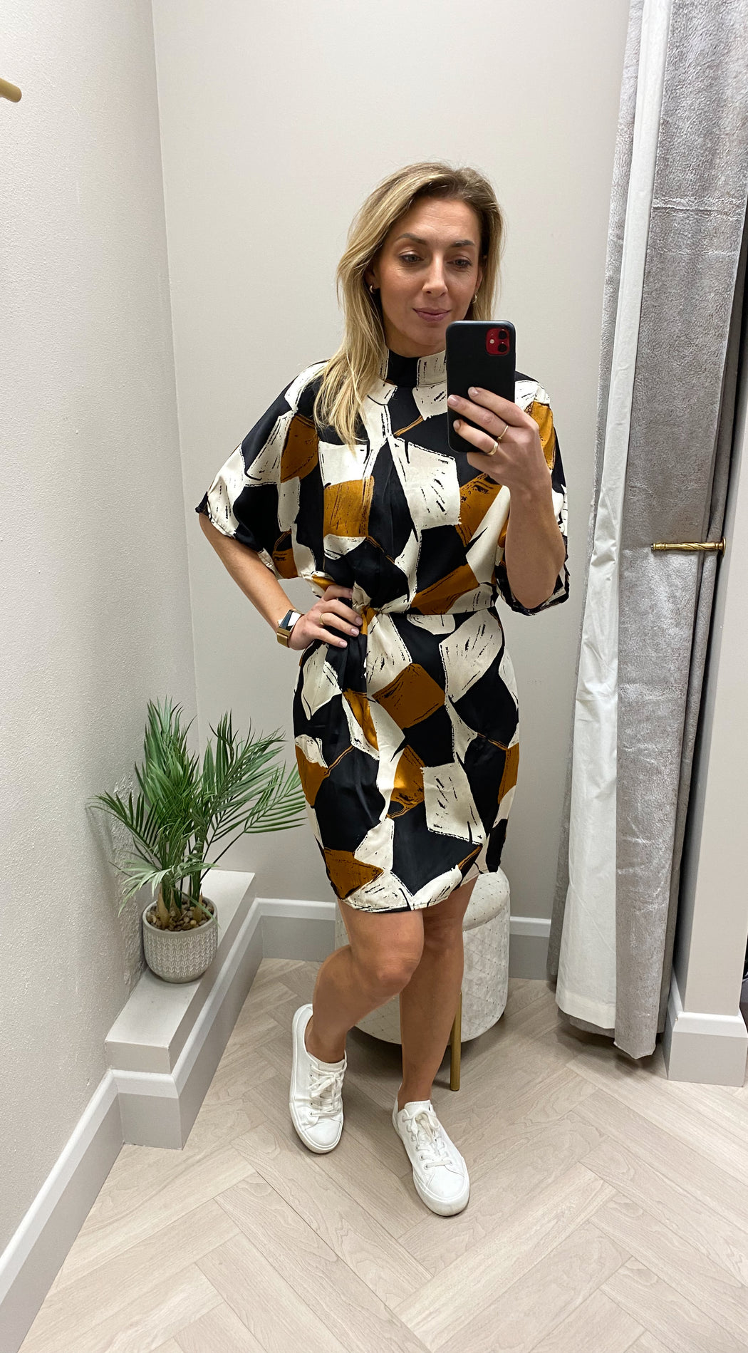 Da1861 Multi Geometric Print High Neck Mini Dress