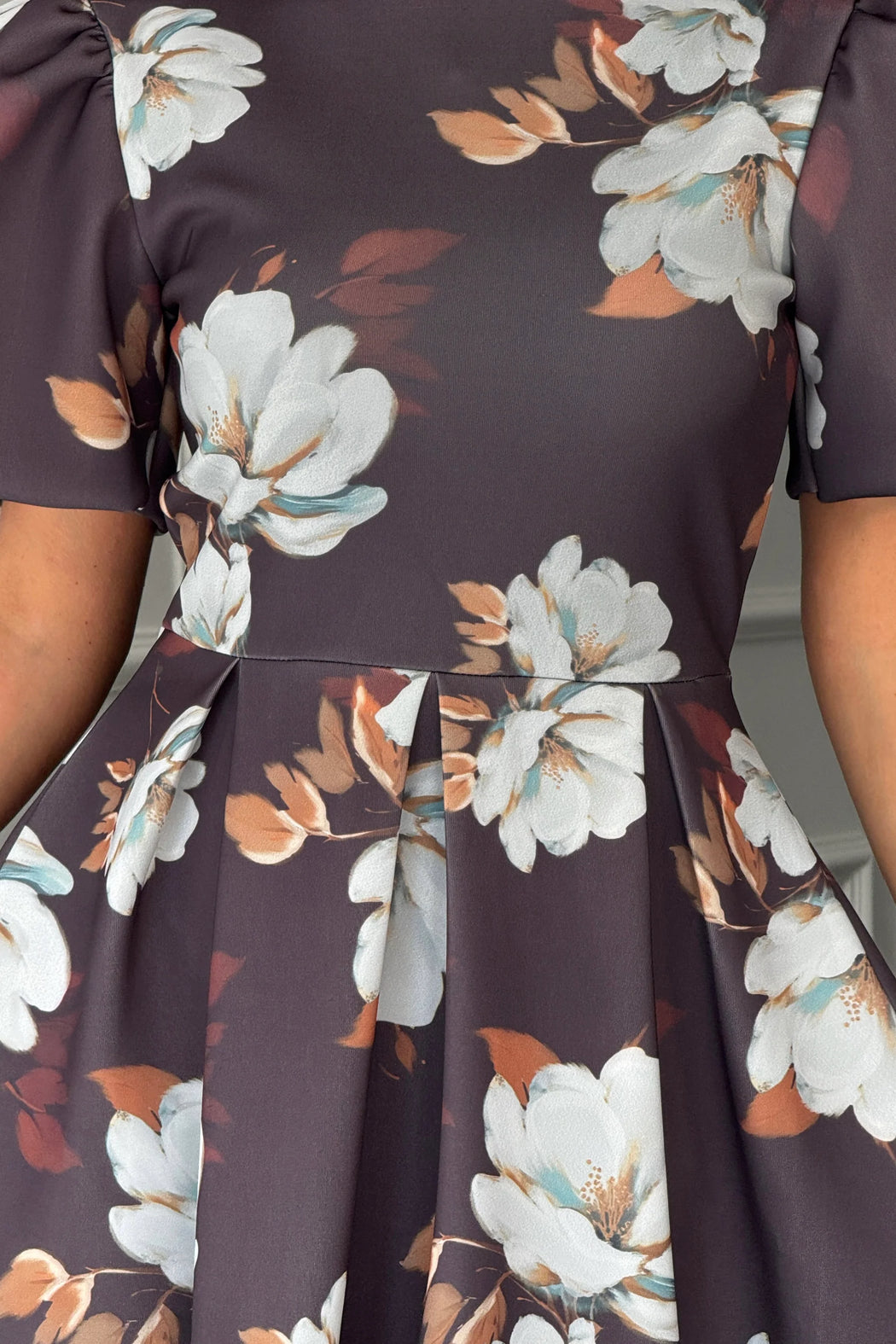Elowin Statement Sleeve Skater Midi Dress Brown Floral