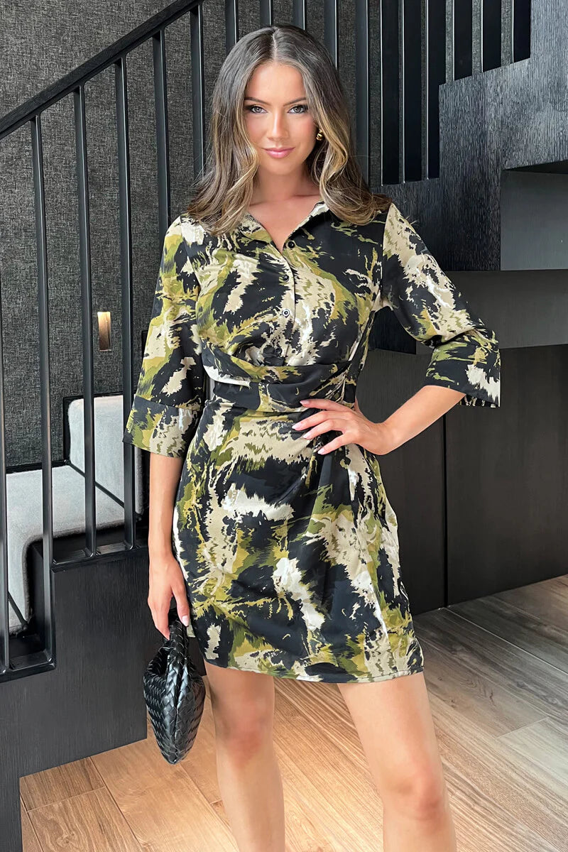 Da1924 Khaki Smudge Print 3/4 Sleeve Mini Shirt Dress