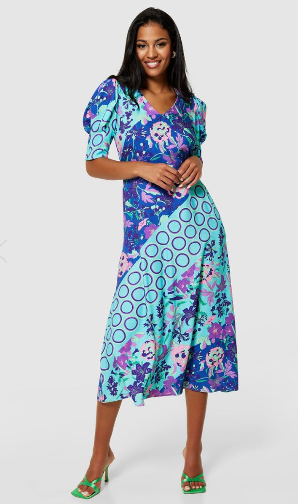 D10290 aqua blue floral aline midi