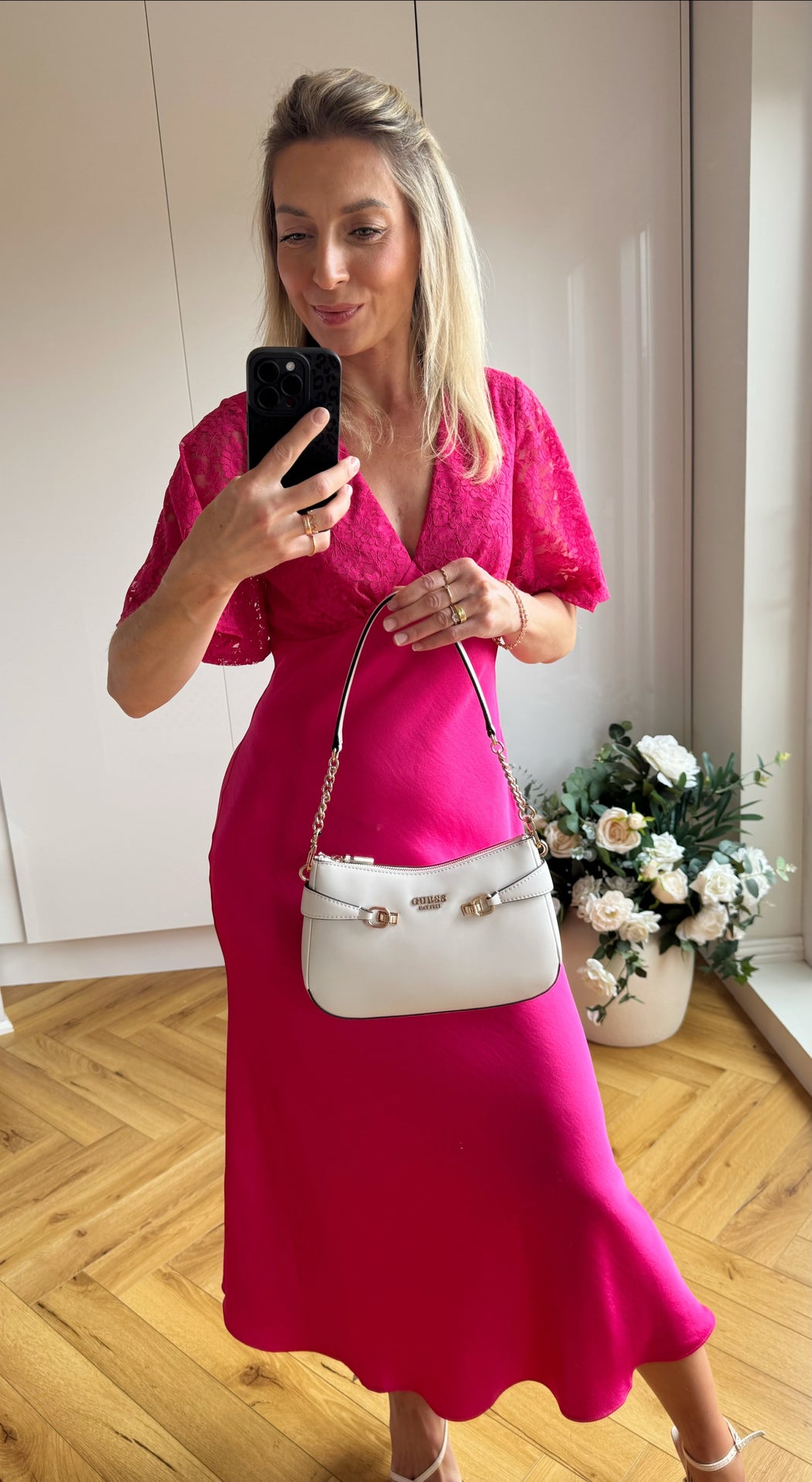 Pink Lace Satin Midi Dress