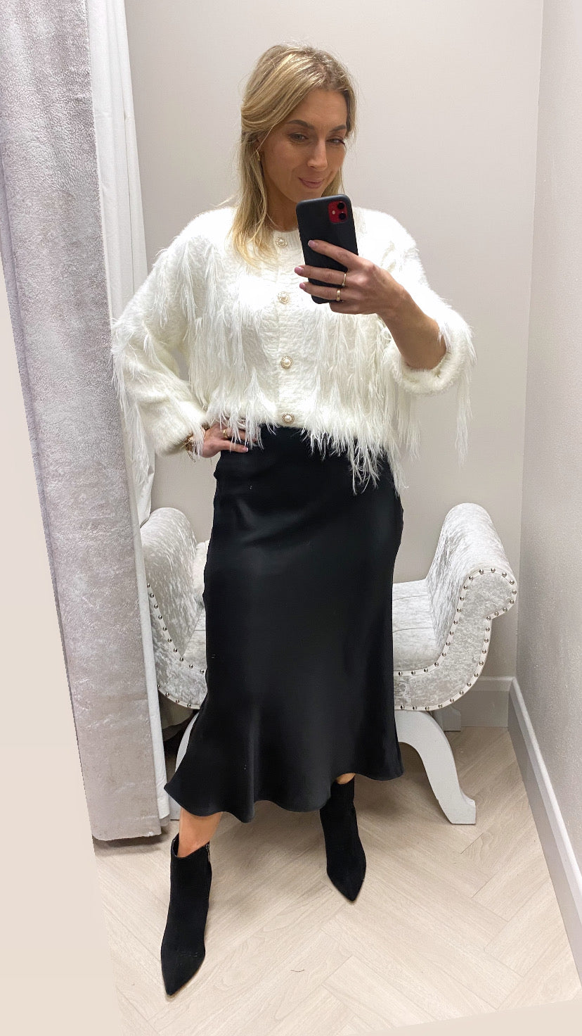 Zora black satin midi skirt