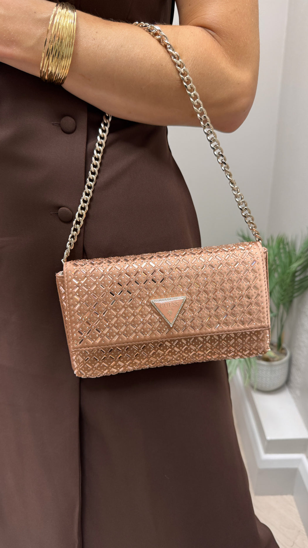 Zalina guess satin rhinestone clutch