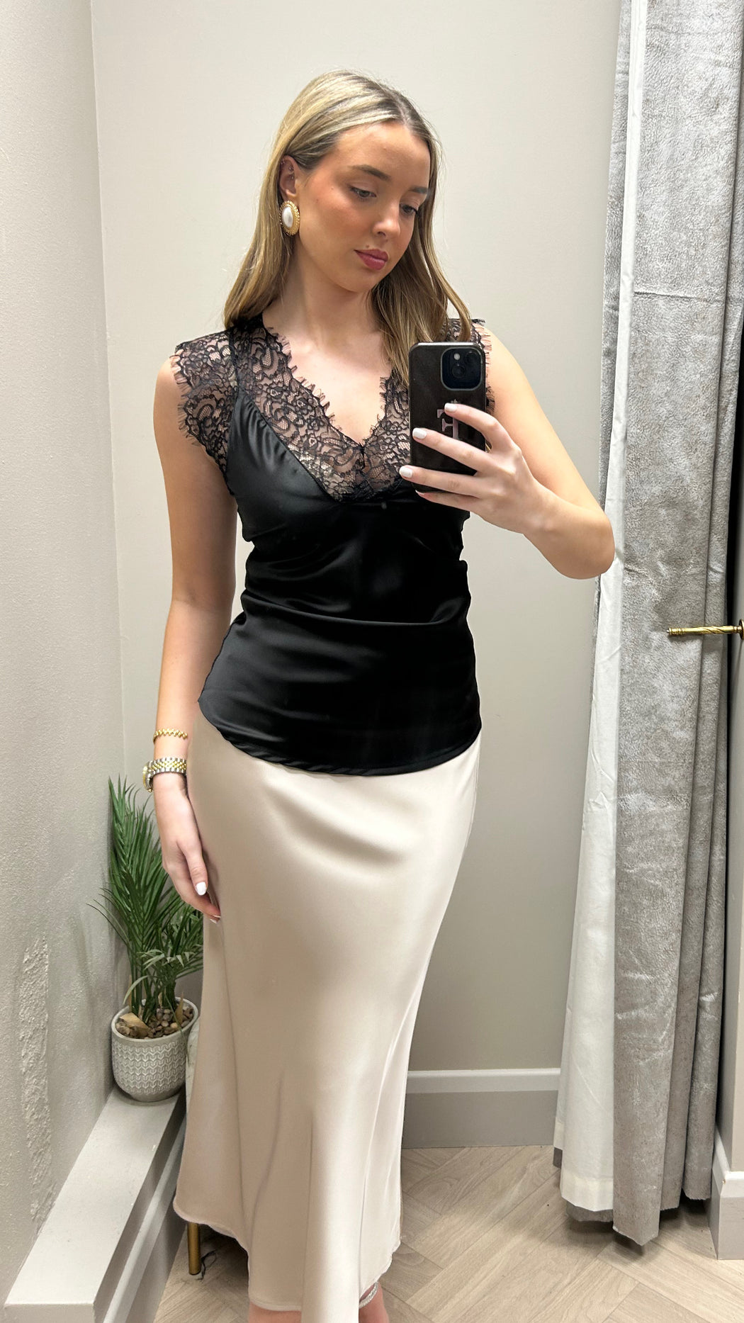 Champagne  satin Kansas midi skirt