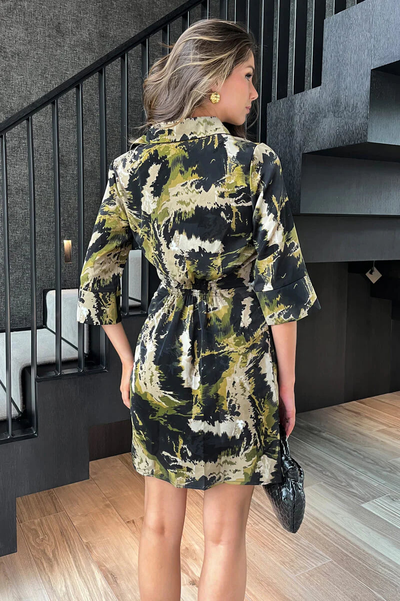 Da1924 Khaki Smudge Print 3/4 Sleeve Mini Shirt Dress