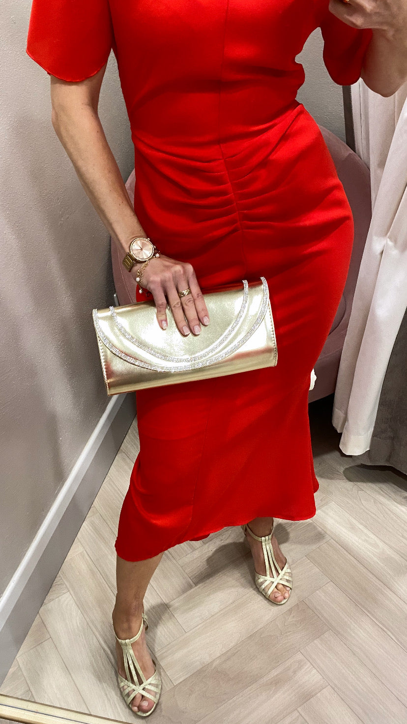 Cleo Red Ruched Detail Midi Dress