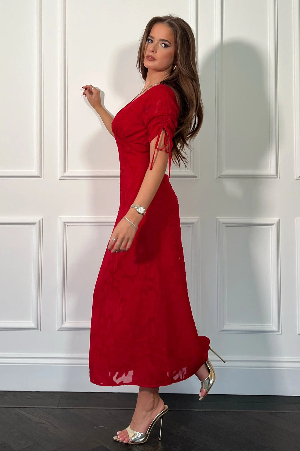 Emily red Burnout Tie Sleeve Midi Dress