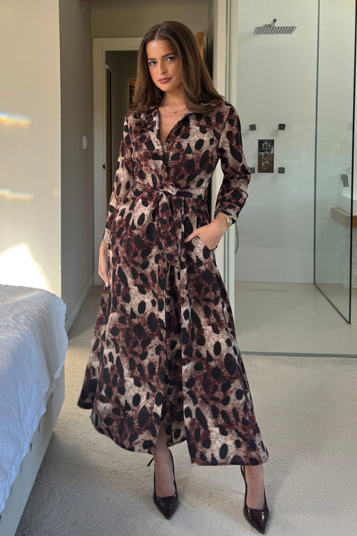 Angela Long Sleeve Maxi Shirt Dress Brown