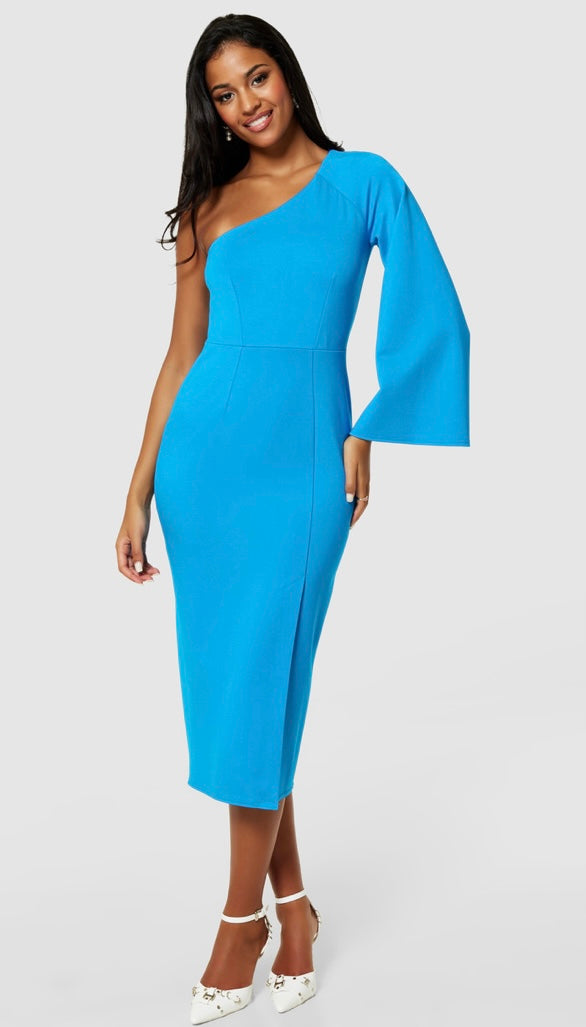 Jd10254 AQUA ONE SHOULDER PENCIL DRESS