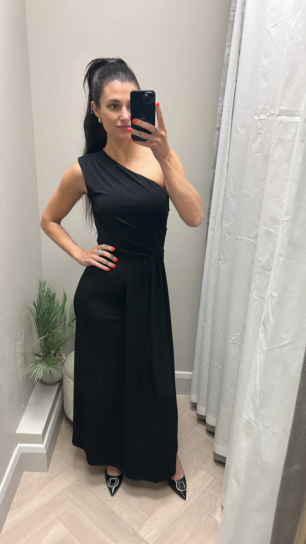 Emma black one shoulder midi dress