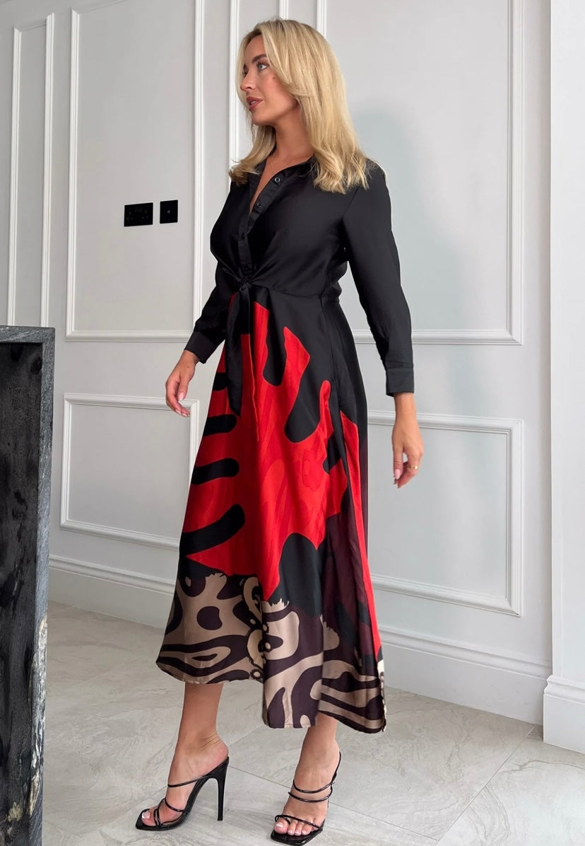 Isabella Red Leaf Tie Front Shirt Dress