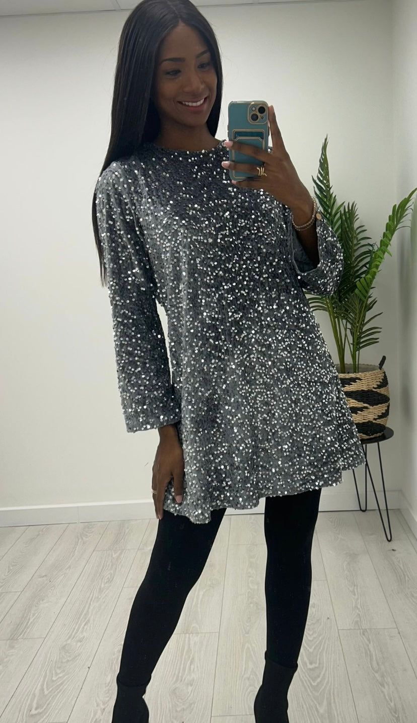 Silver sequin bow back dress