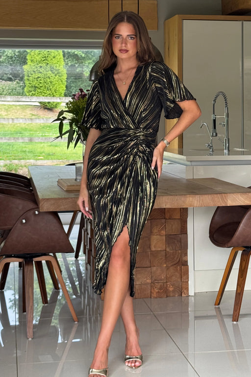 Isla black And Gold Plisse Wrap Front Dress