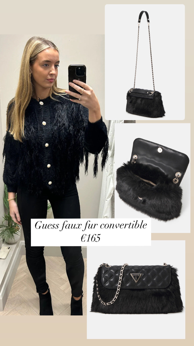 Guess black lise flap over faux fur convertible shoulder / crossbody