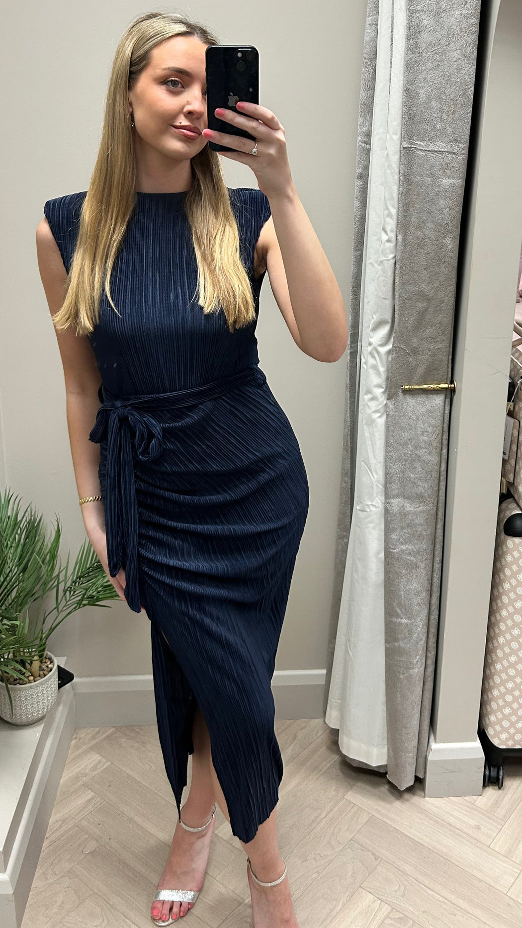 Elena navy ruched  Seamed Midi Dress Baby
