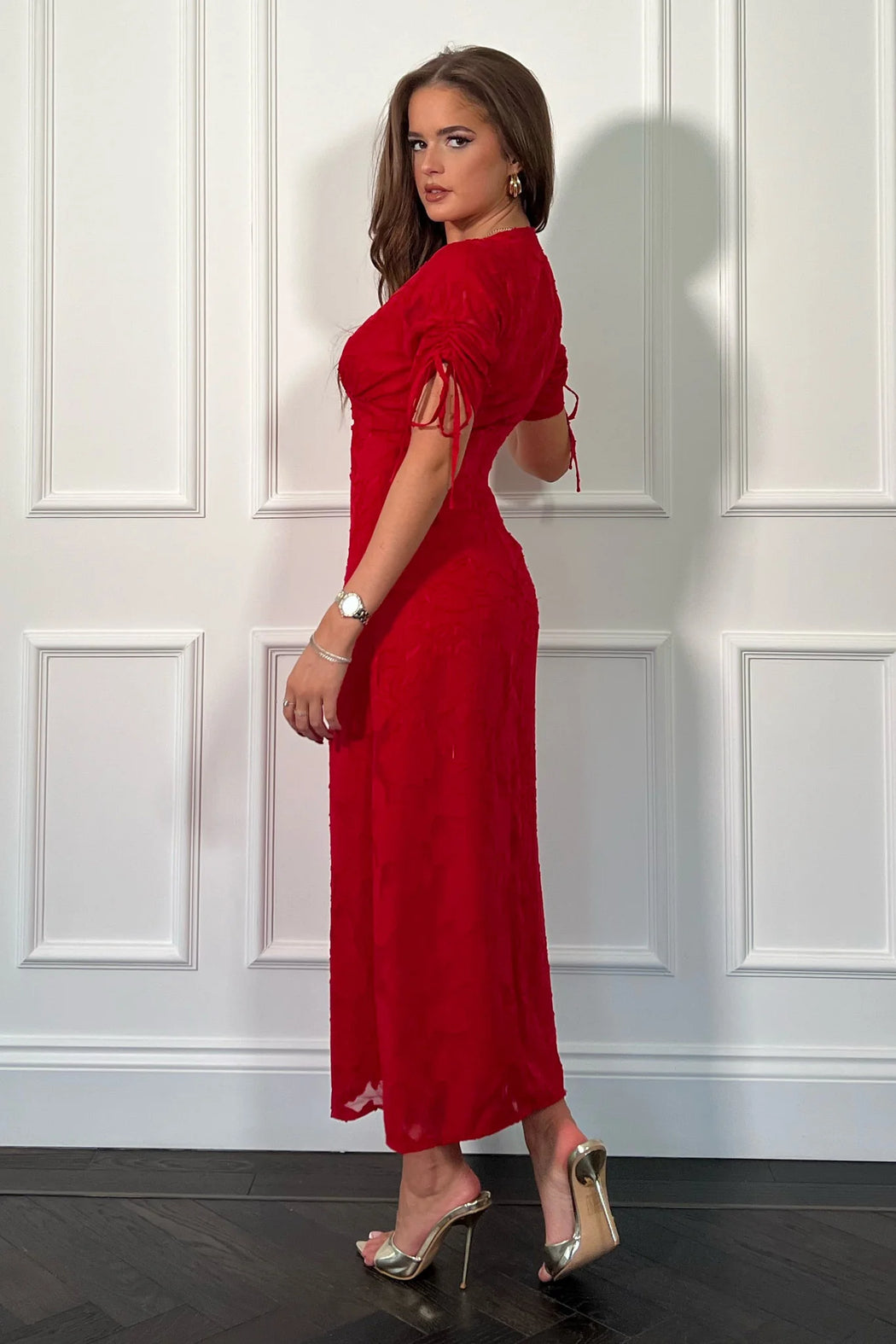 Emily red Burnout Tie Sleeve Midi Dress