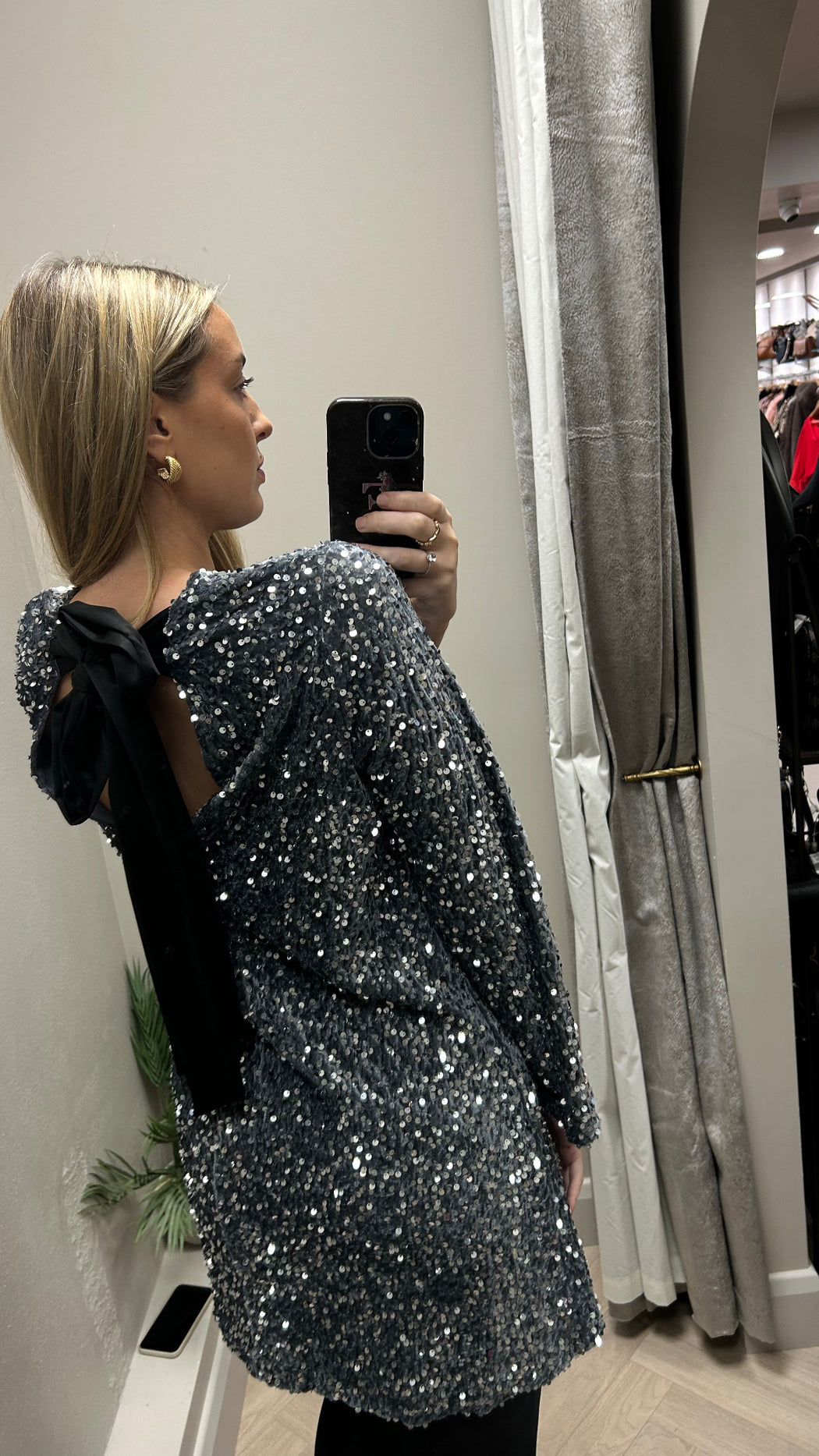 Silver sequin bow back dress