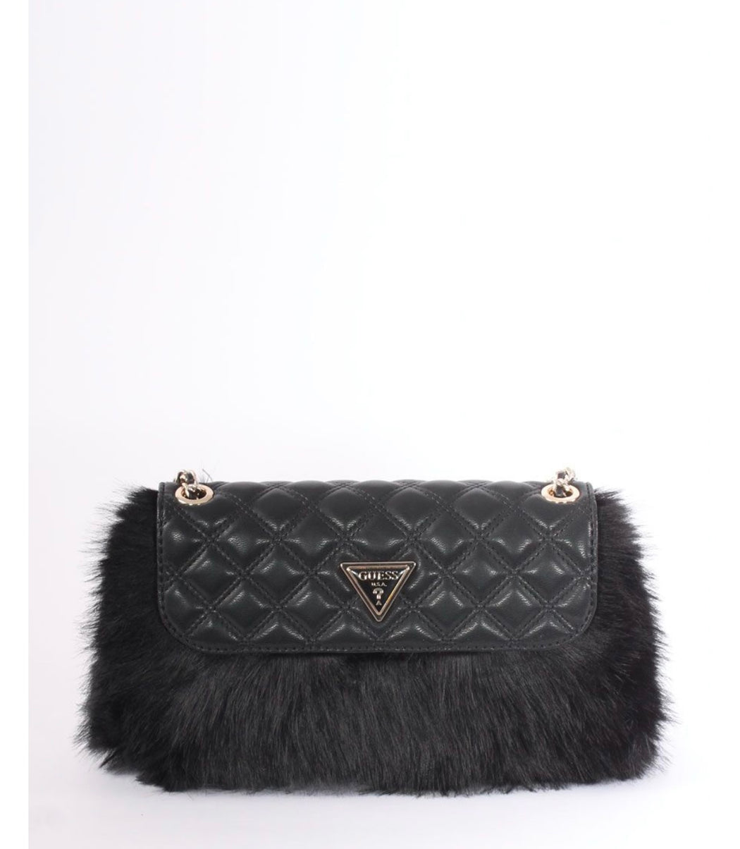 Guess black lise flap over faux fur convertible shoulder / crossbody