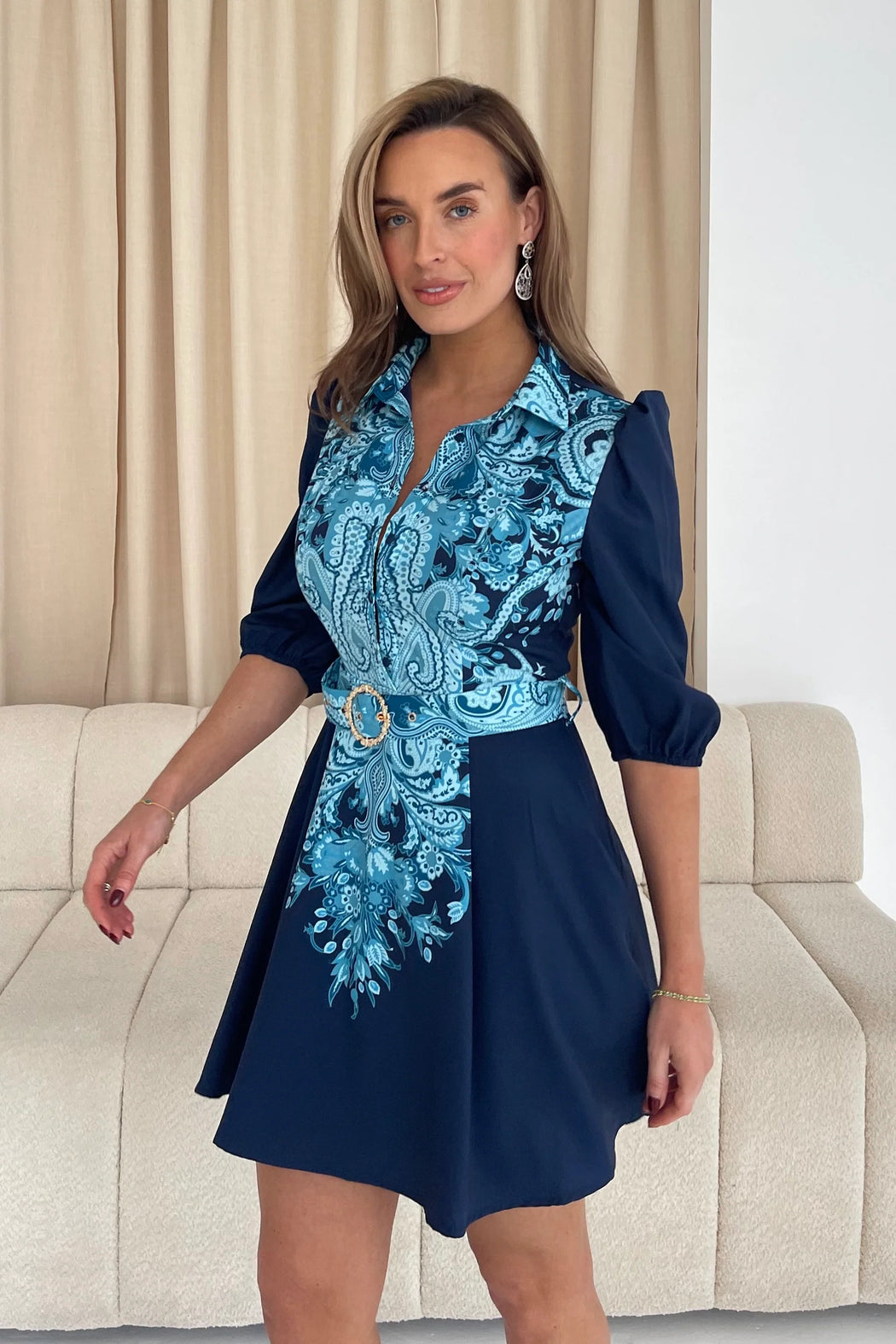 Holland Paisley Print Collar Mini Dress Navy